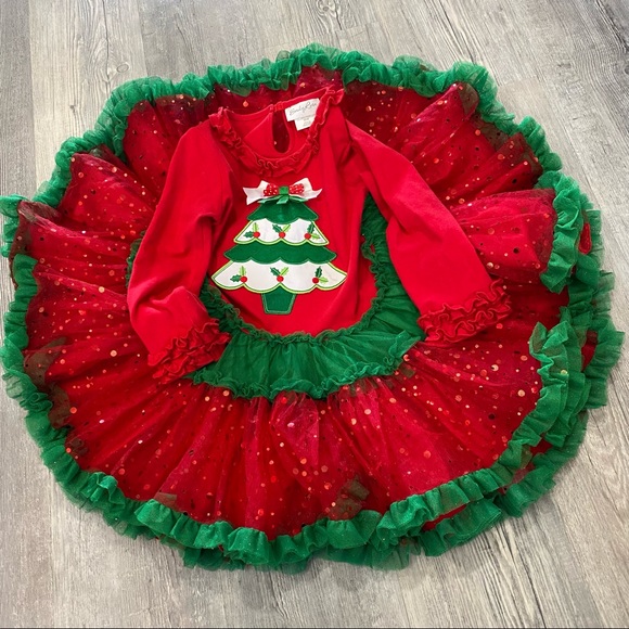 Emily Rose Christmas Tree Dress Long Sleeve Red Knit Top Sparkly Net Tutu Skirt - Picture 4 of 6